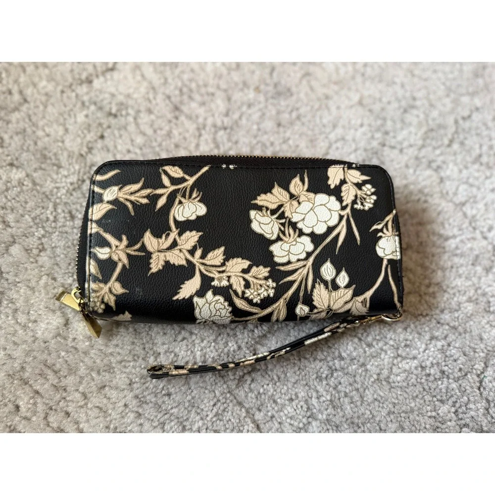 Floral Wristlet‎ Wallet, Double Zip Around Clutch, Black